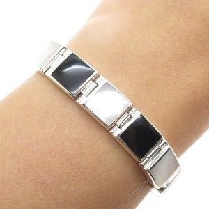 925 Sterling Silver Vintage Real Black Onyx & MOP Panel Link Bracelet 6.5"